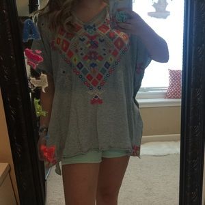 Johnny Was Gray Floral Embroidered Blouse